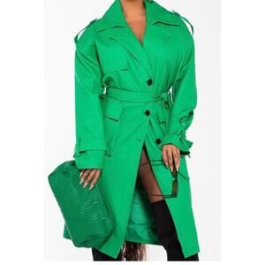 NWOT PrettyLittleThing Women's Kelly Green Faux Leather Trench Coat Sz 6 US